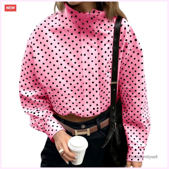 Cropped Zip Up Jacket Oversized Polka Dot Lightweight Casual Spring